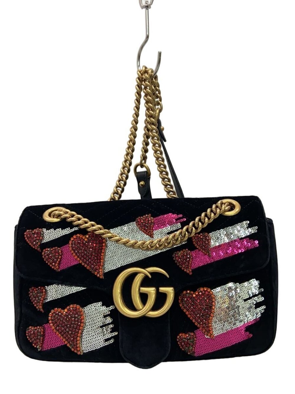 Gucci Velvet Embellished Hearts GG Marmont Bag Black